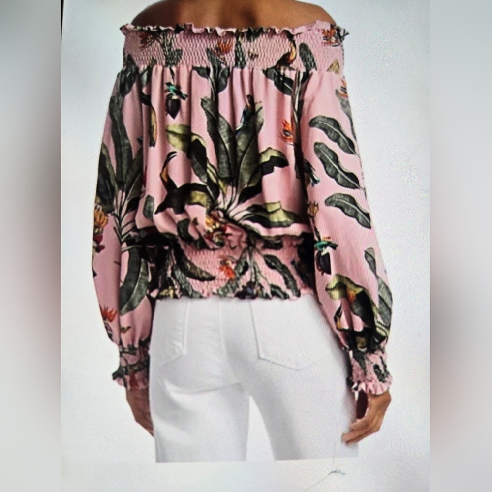 PatBO Tropical Pink Print Off-the-shoulder Blouse/Top Size S